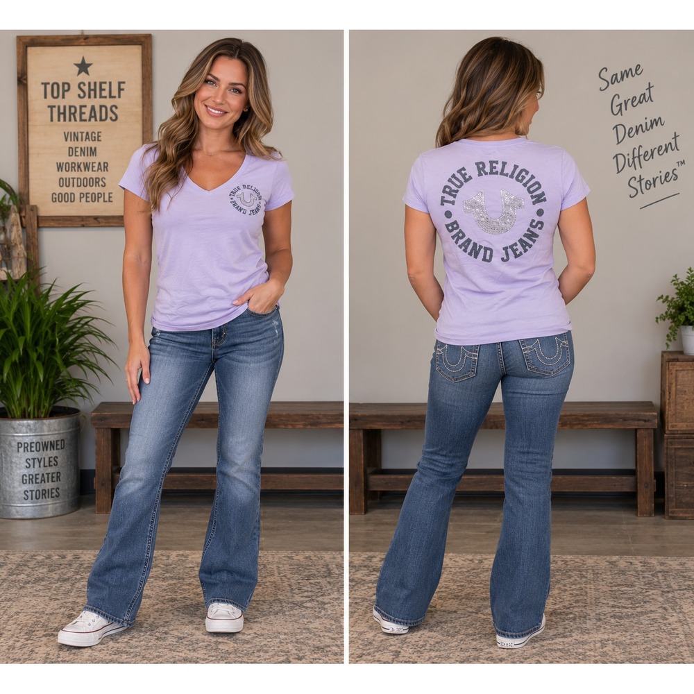Y2K True Religion Women L Lilac Rhinestone Horseshoe V Neck TShirt Bling Graphic